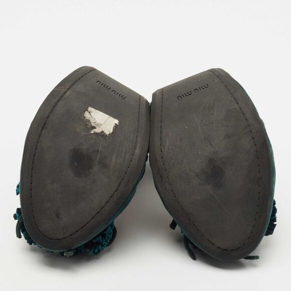 Miu Miu Dark Green Suede Fringe Bow Scrunch Ballet Flats Size 38